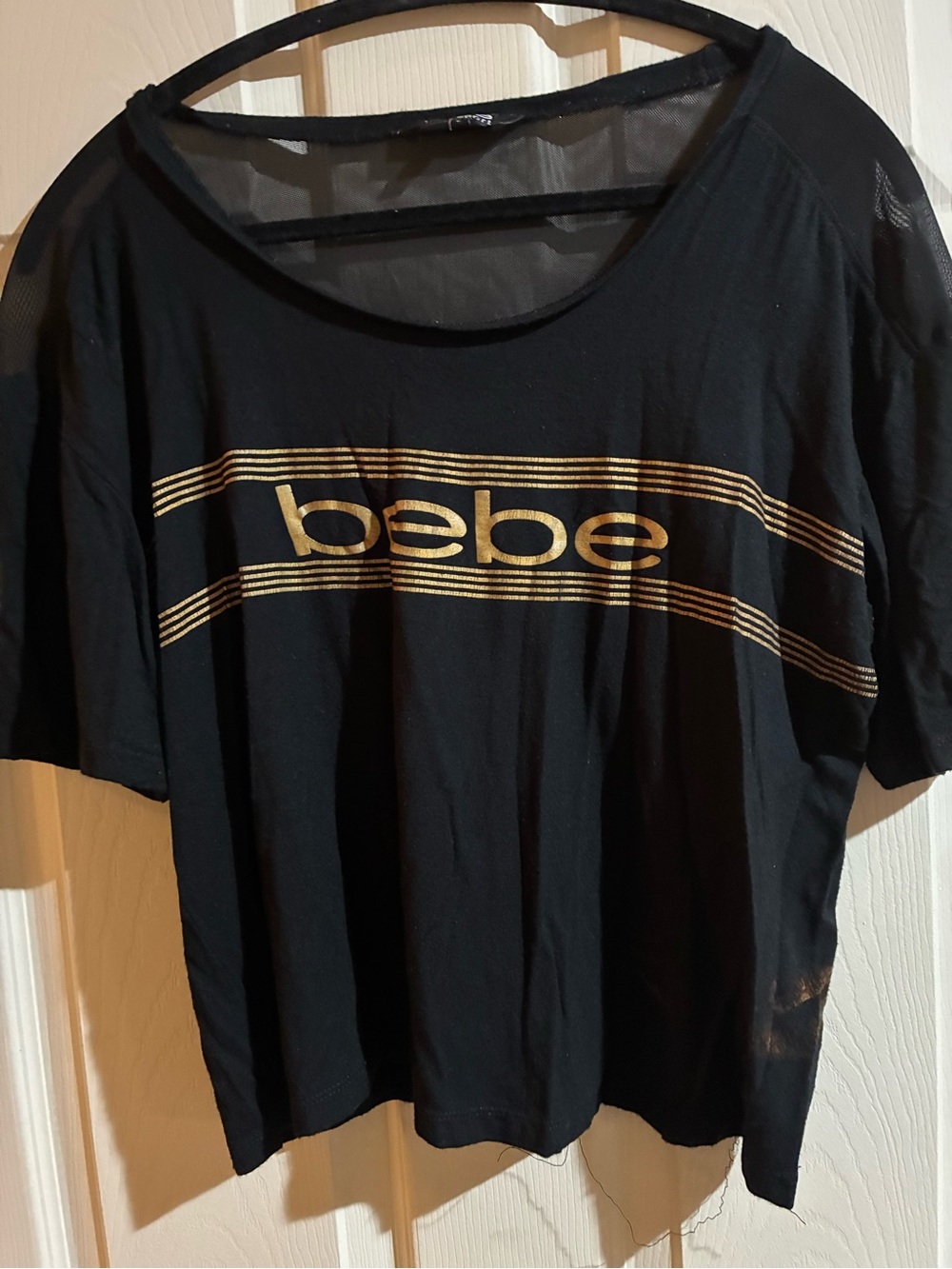 bebe Black Short Sleeve Logo Tee with Gold Stripes